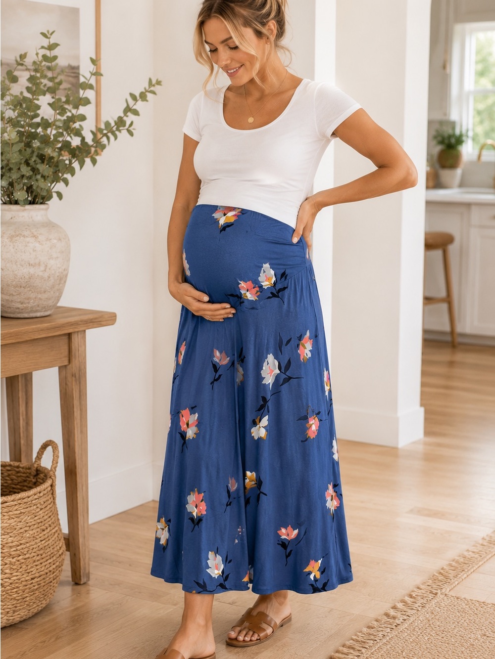 Maternity Blue Floral Maxi Skirt | Foldover Waist | Soft Stretch Boho